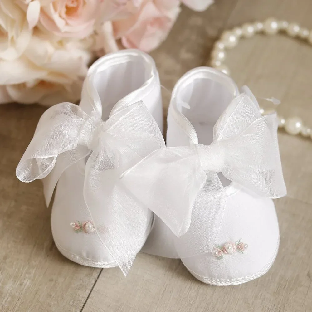 White Crib Shoe with Pearl and Floral Bullion Embroidery AVAILABLE TO BUNDLE
